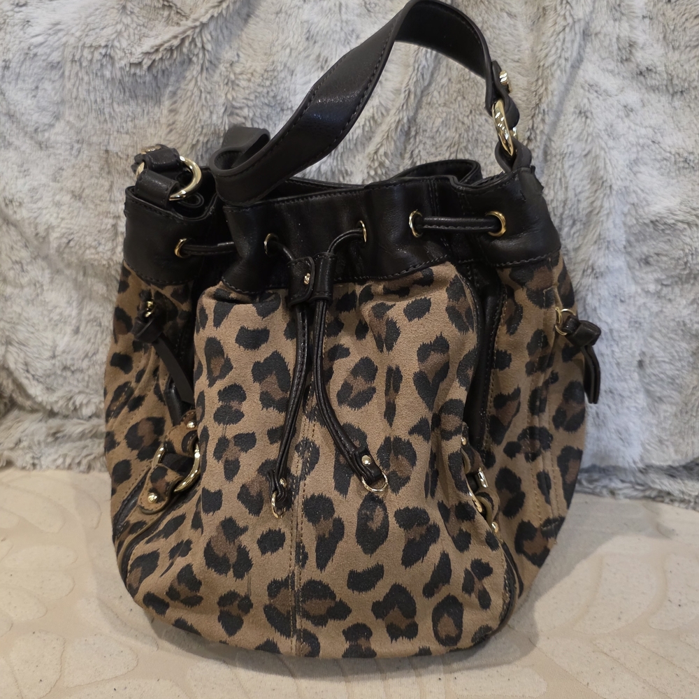 Tignanello Leopard Print Drawstring Bucket Bag - Black Trim
